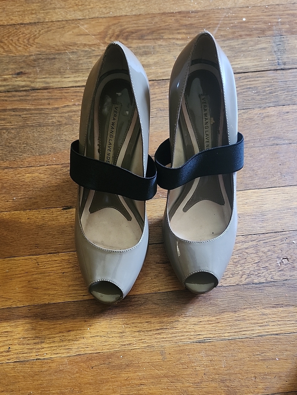 Vera Wang Taupe Patent Peep-Toe Pumps with Black Elastic Strap